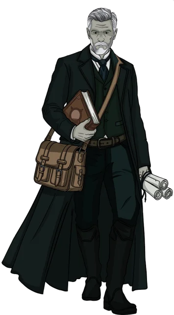 A cartoon style drawing of an older male scholar. With greying hair and a goatee, he is dressed all in black with a white shirt and cravat. He carries a thick leather tome and scrolls with a leather satchel slung over his shoulder.