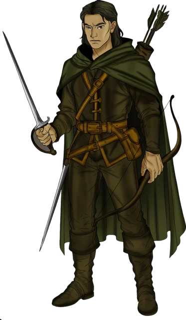 A cartoon style drawing of a fantasy woodsman or archer. He holds a sword in one hand and a bow in the other with a quiver slung over his back. Dressed in earth toned clothing and leather boots he looks ready to survive the wilds.