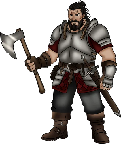 A cartoon style drawing of a scarred warrior holding a notched battle axe. Plate armour adorns his bulky frame, and a thick beard covers his chin while his long dark hair is tied in a topknot.