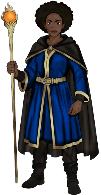 A cartoon style drawing of a dark-skinned spell caster. Thick curly black hair surrounds her face, and she carries a staff affixed with a bright orange orb set in a cradle shaped to resemble flame. She wears a dark cape over blue robes trimmed with gold.