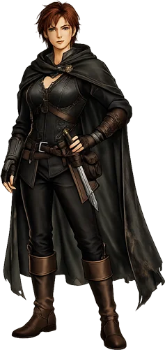 A cartoon style drawing of a female warrior in dark leathers. Her auburn hair is cut short, and she stands with a hand on the hilt of a long-bladed dagger.