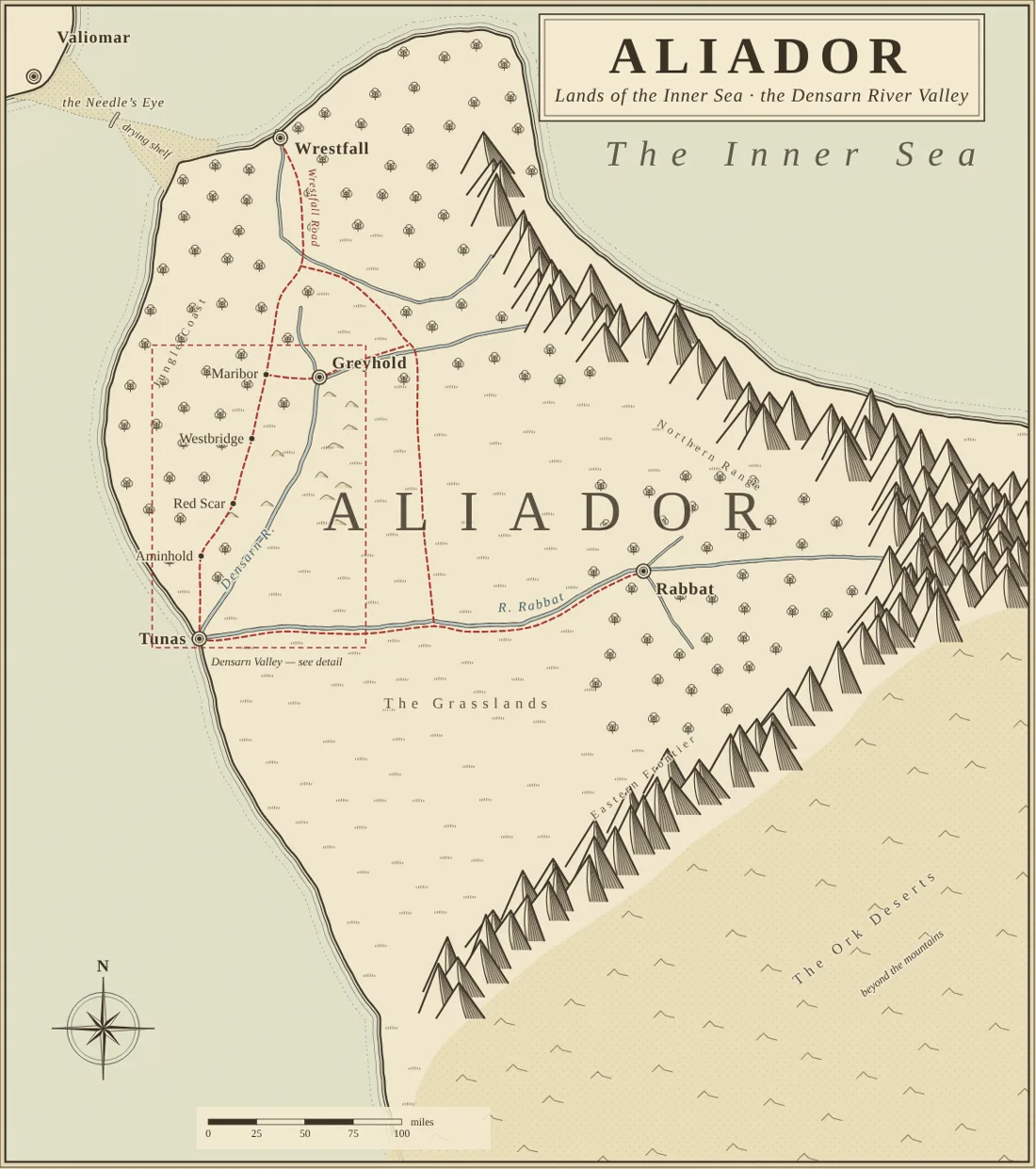 A map of the nation of Aliador. Showing its location on the western tip of a landmass with ocean to the north and west. A mountain range borders the region separating it from a vast desert to the east. The map includes cardinal directions, a scale, and the Names of the nation and several prominent settlements and roads.
