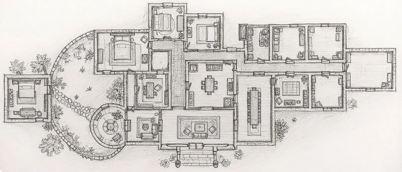 A pencil plan style drawing of a country estate. From top down it depicts the layout of the building with foyer, lounge room, dining hall, kitchen, several bedrooms, a study and detached guest house.